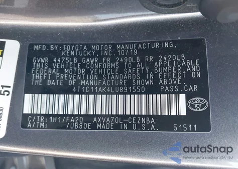 2020 Toyota Camry Le from USA, damaged, VIN 4T1C11AK4LU891550
